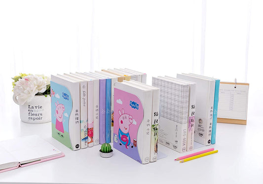 Adjustable Metal Bookends Heavy Duty for Shelves, 2 Dividers, Anti-Slip Design, Peppa Pig Style Expandable Bookends for Kids, Boys, Desk, Office, Home(19 inches Max)