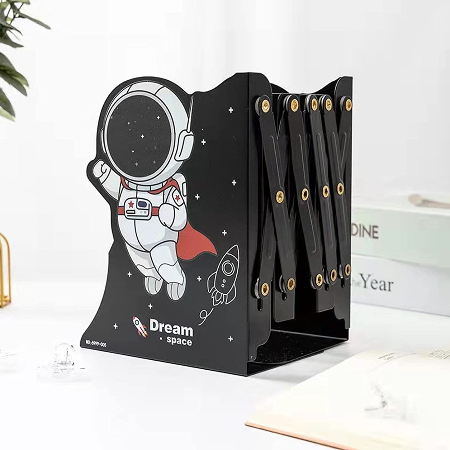 Adjustable Metal Bookends Heavy Duty for Shelves, 2 Dividers, Anti-Slip Design, Astronaut Style Expandable Bookends for Kids, Boys, Desk, Office, Home(19 inches Max)