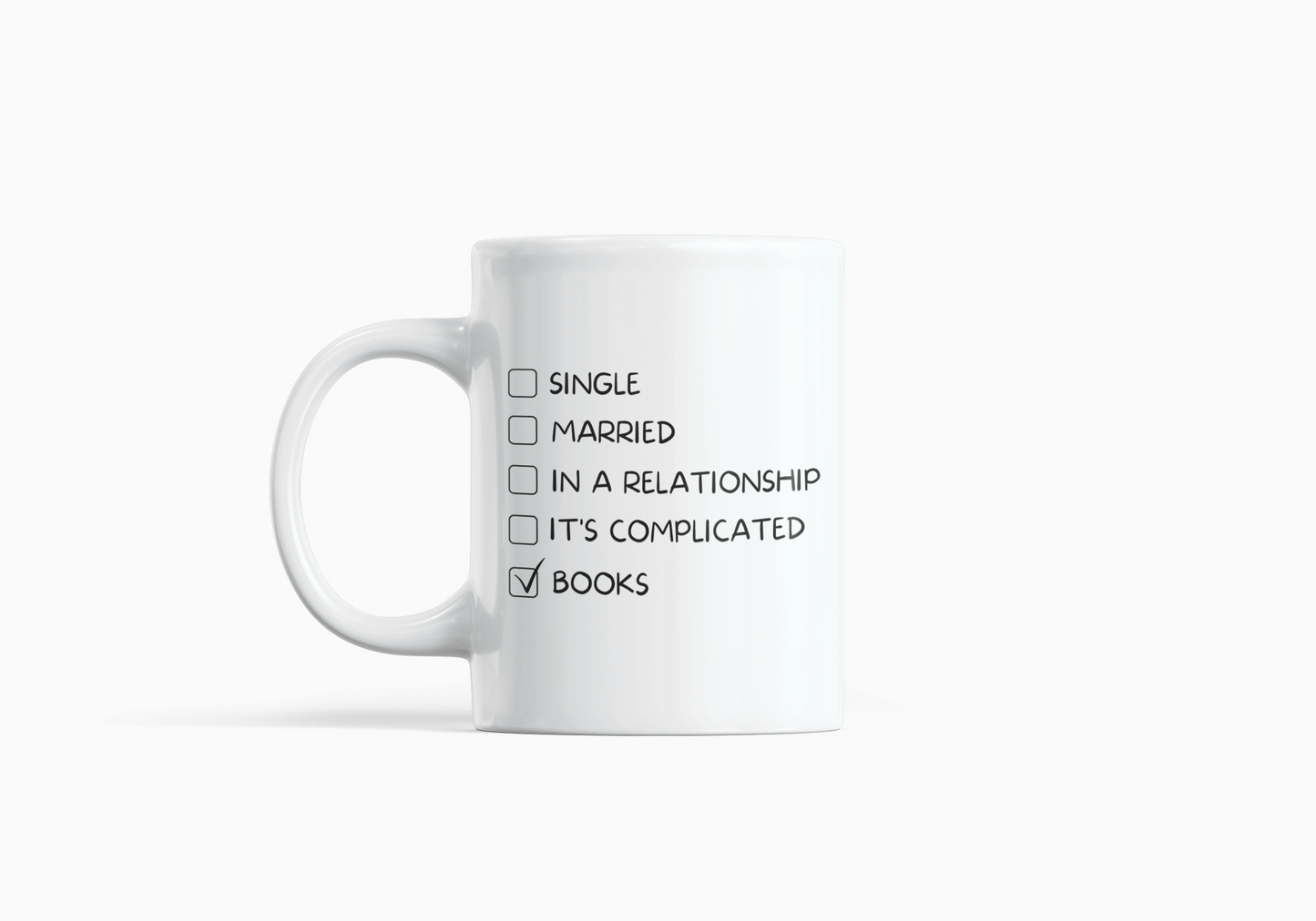 Single, married, in a relationship, books: Coffee Mug White